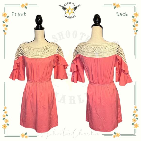 Women's Anthropologie Esley Pink Dress White Crochet Pattern Top Tiered Sleeve S - Picture 6 of 7